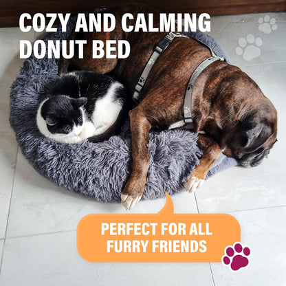 Premium Medium Donut Dog Bed, Fits up to 45 Lbs, Machine Washable Cushion, Plush Long Pile Faux Fur Fabric, Portable Dark Gray Pet Bed Furniture for Puppies Adult Canines & Cats
