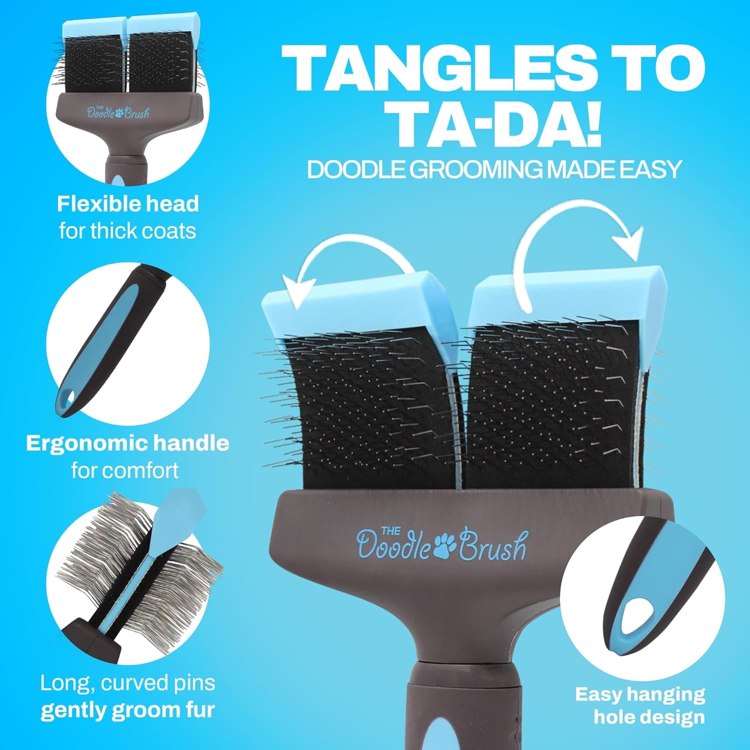 Slicker Dog Brushes Curly Coat Detangler, Double Head | Flexible Grooming Brush, Ergonomic Handle, Goldendoodle, Cockapoo, Cavapoo, Dematting Dogs, Removes Mats and Tangles