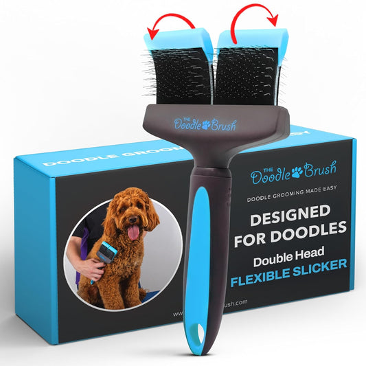 Slicker Dog Brushes Curly Coat Detangler, Double Head | Flexible Grooming Brush, Ergonomic Handle, Goldendoodle, Cockapoo, Cavapoo, Dematting Dogs, Removes Mats and Tangles